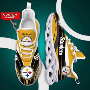 NFL Pittsburgh Steelers Custom Name Golden Black Grey Max Soul Shoes