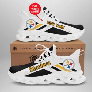 NFL Pittsburgh Steelers Custom Name White Black Golden Stripes Max Soul Shoes