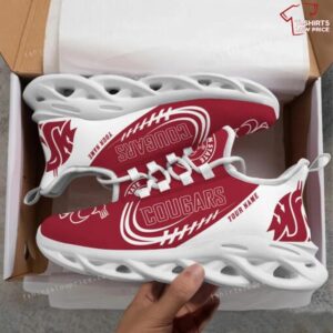 Personalize NCAA Washington State Cougars White Red Rugby Ball Max Soul Sneakers Sport Shoes